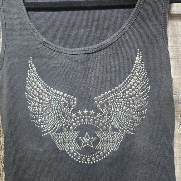 Vintage Y2K Black Ribbed McBling Embellished Biker Tank - Picture 2 of 4